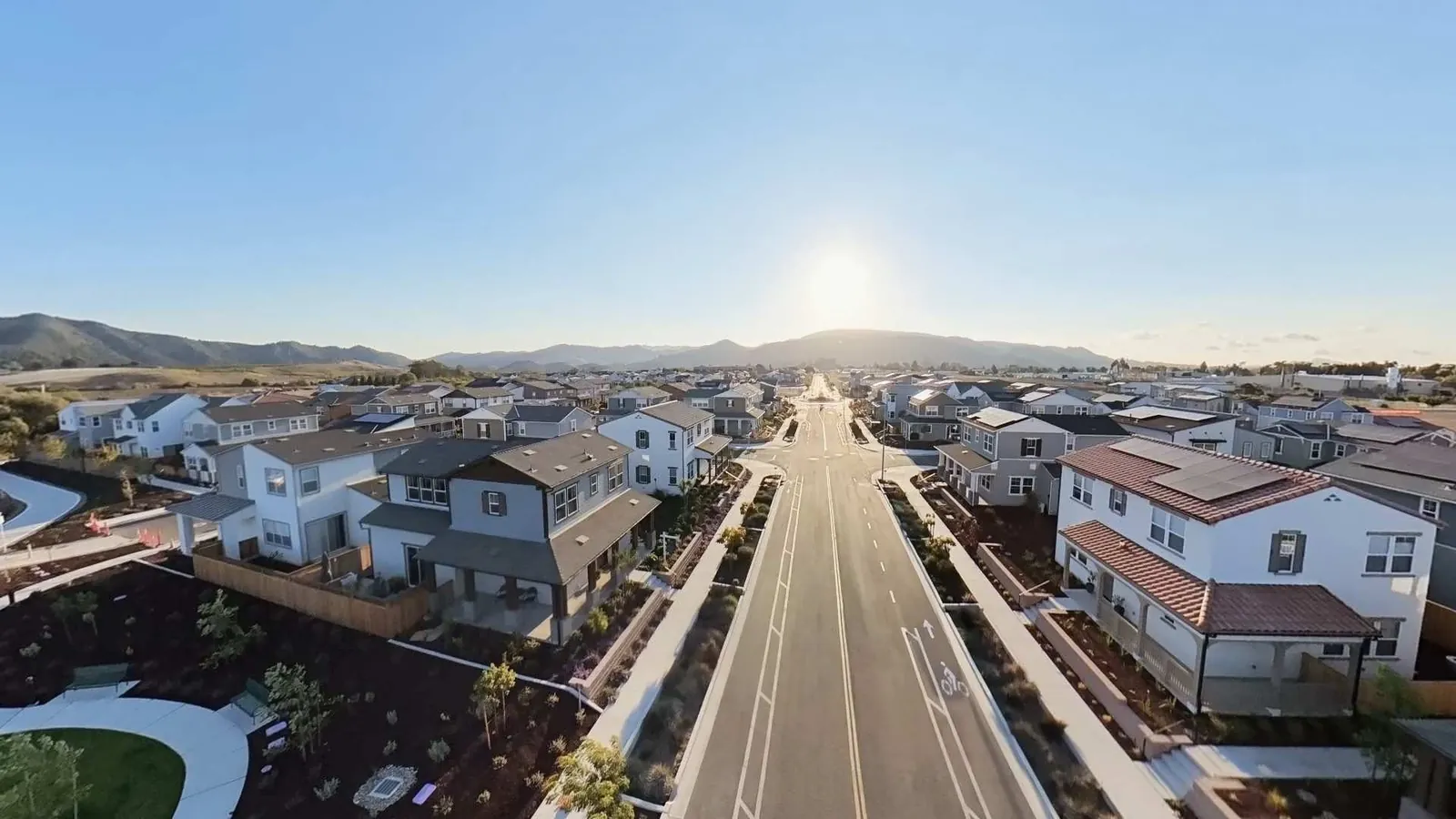Aerial looking down the street in Avila Ranch, San Luis Obispo